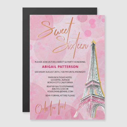 Sweet Sixteen Roze Goud Parijs 16e Verjaardagsfees Magnetische Uitnodiging (Voorkant / Achterkant)