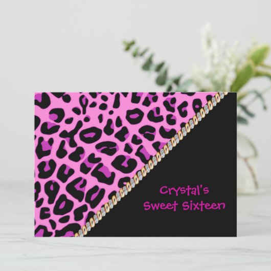 Sweet Sixteen roze leopard-uitnodiging Kaart (Staand voorkant)