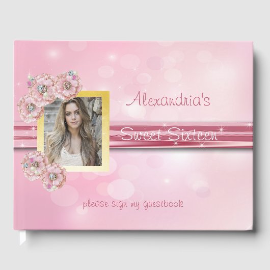Sweet Sixteen, Roze Satin, Bokeh, Guest Book Gastenboek (Voorkant)