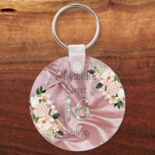 Sweet Sixteen Roze Satin Flowers Party Favor Sleutelhanger