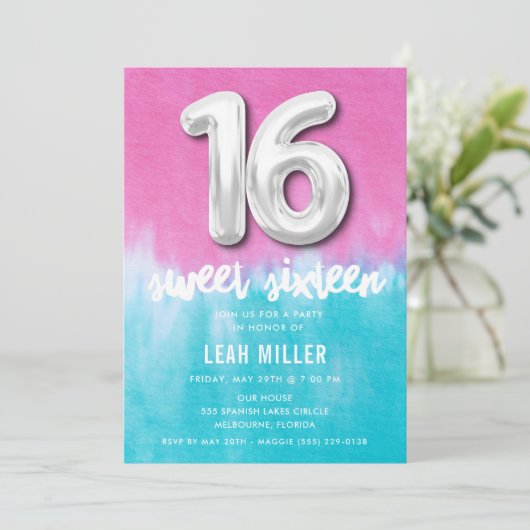 Sweet Sixteen Roze Tie Dye Party uitnodiging (Staand voorkant)