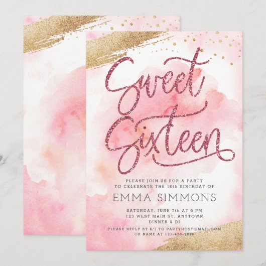 Sweet Sixteen roze Waterverf Glitter Birthday Kaart (Voorkant / Achterkant)