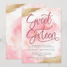 Sweet Sixteen roze Waterverf Glitter Birthday Kaart