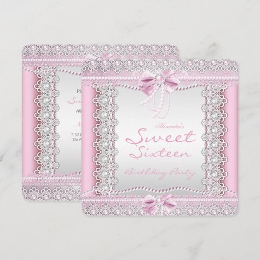 Sweet Sixteen  Roze Witte Pearls Lace Bow Kaart (Voorkant / Achterkant)
