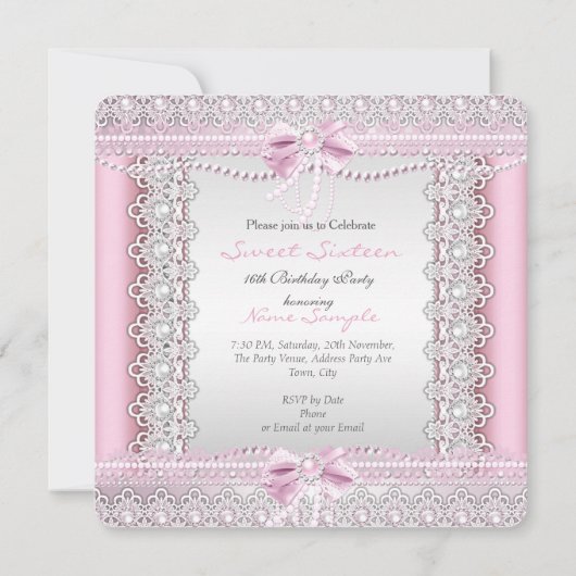 Sweet Sixteen  Roze Witte Pearls Lace Bow Kaart (Achterkant)