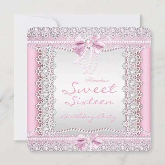 Sweet Sixteen  Roze Witte Pearls Lace Bow Kaart (Voorkant)