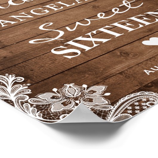 Sweet Sixteen Sign Rustic Wood String Lights Lace Poster (Hoek)
