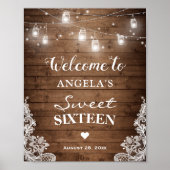 Sweet Sixteen Sign Rustic Wood String Lights Lace Poster (Voorkant)