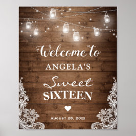 Sweet Sixteen Sign Rustic Wood String Lights Lace Poster