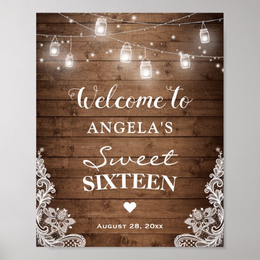 Sweet Sixteen Sign Rustic Wood String Lights Lace Poster (Voorkant)
