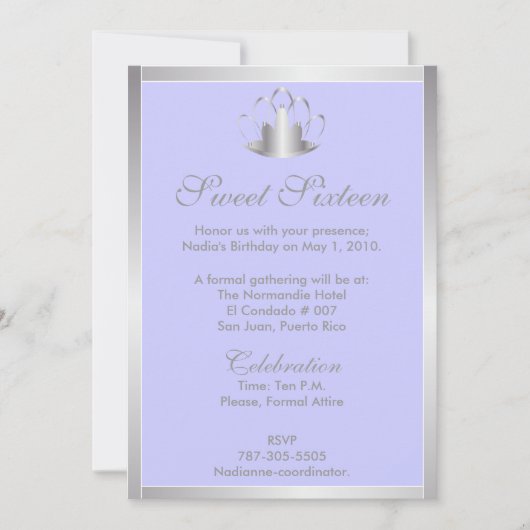 Sweet Sixteen Silver/Blue Tiara Invitation-Cust. Kaart (Voorkant)