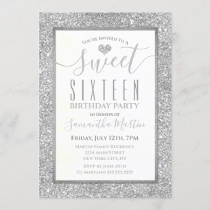 Sweet Sixteen Silver Faux Glitter Heart Birthday Kaart