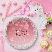 Sweet Sixteen Silver Glitter Pink Papieren Bordje (Feest)