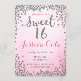 Sweet Sixteen Silver Glitter verjaardagsuitnodigin Kaart