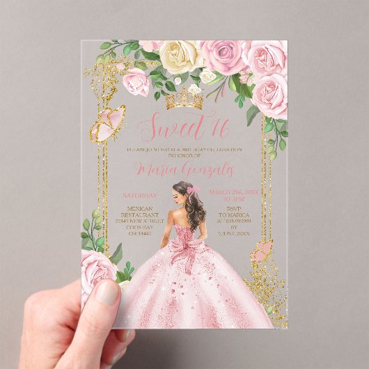 Sweet Sixteen Soft Blush Pink Crown Gold Birthday Acryl Uitnodigingen (Insitu (Draagbaar))