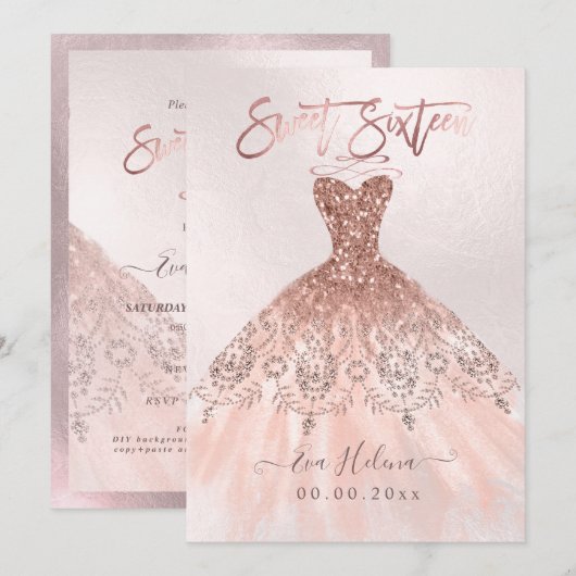 Sweet Sixteen, Sparkle Gown, Faux Roos Gold cards Kaart (Voorkant / Achterkant)