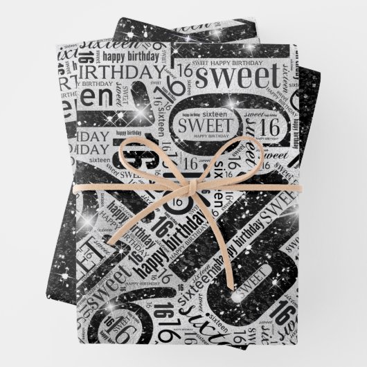 Sweet Sixteen Sparkle Word Cloud Black/White ID265 Inpakpapier Vel (In situ)