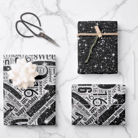 Sweet Sixteen Sparkle Word Cloud Black/White ID265 Inpakpapier Vel (Voorkant)