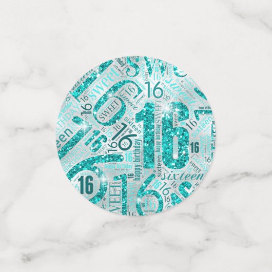 Sweet Sixteen Sparkle Word Cloud Blauwgroen ID265 Confetti (Kleine voorkant)