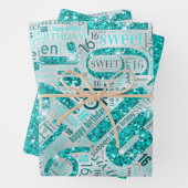 Sweet Sixteen Sparkle Word Cloud Blauwgroen ID265 Inpakpapier Vel (In situ)