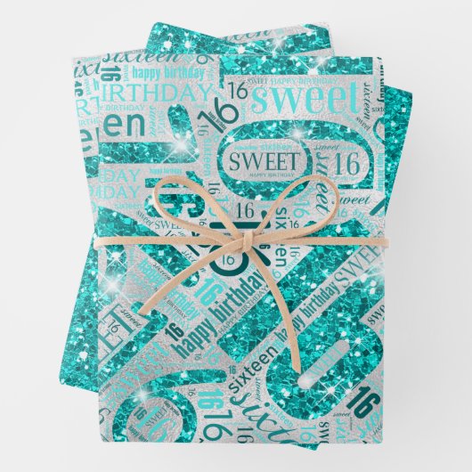 Sweet Sixteen Sparkle Word Cloud Blauwgroen ID265 Inpakpapier Vel (In situ)