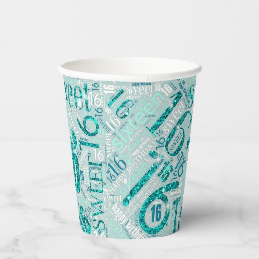 Sweet Sixteen Sparkle Word Cloud Blauwgroen ID265 Papieren Bekers (Rechts)
