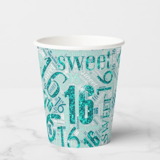 Sweet Sixteen Sparkle Word Cloud Blauwgroen ID265 Papieren Bekers (Voorkant)