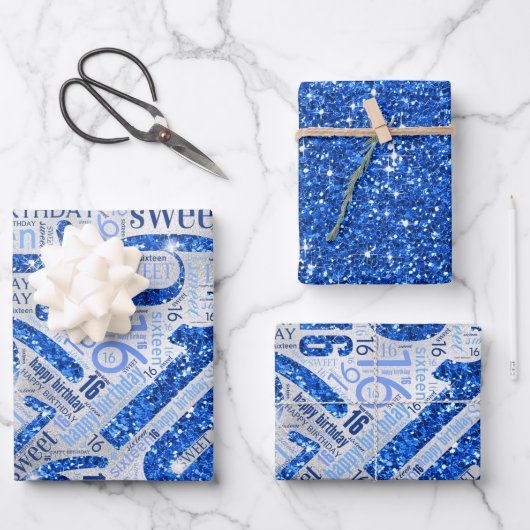 Sweet Sixteen Sparkle Word Cloud Blue ID265 Inpakpapier Vel (Voorkant)