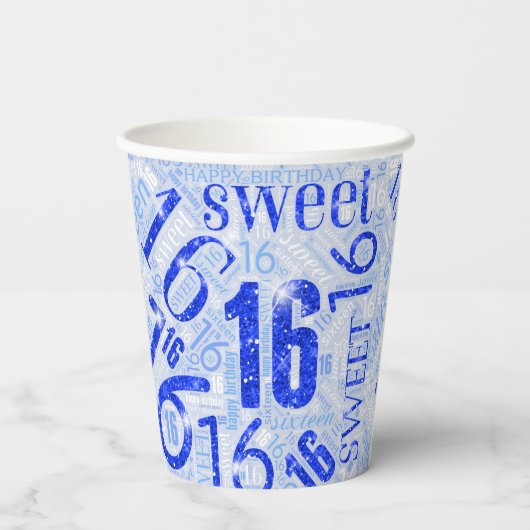 Sweet Sixteen Sparkle Word Cloud Blue ID265 Papieren Bekers (Achterkant)