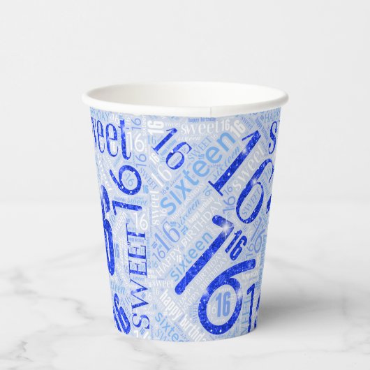 Sweet Sixteen Sparkle Word Cloud Blue ID265 Papieren Bekers (Rechts)