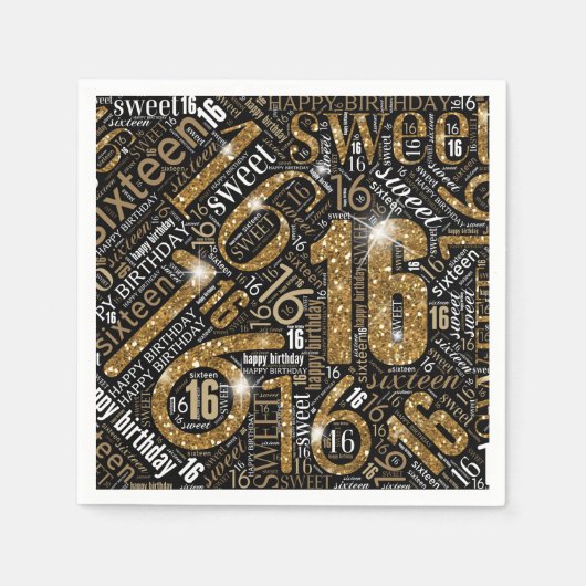 Sweet Sixteen Sparkle Word Cloud Gold Blk ID265 Servetten (Voorkant)