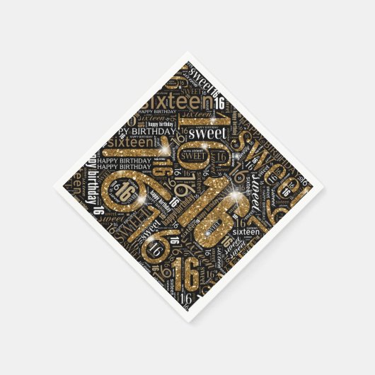 Sweet Sixteen Sparkle Word Cloud Gold Blk ID265 Servetten (Hoek)