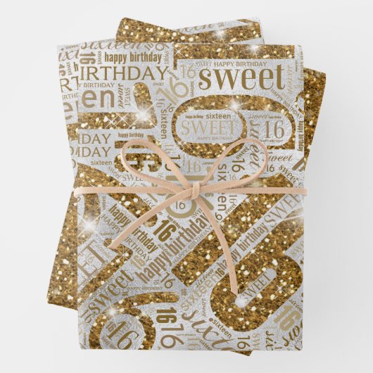 Sweet Sixteen Sparkle Word Cloud Gold ID265 Inpakpapier Vel (In situ)