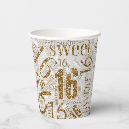 Sweet Sixteen Sparkle Word Cloud Gold ID265 Papieren Bekers (Achterkant)