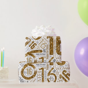 Sweet Sixteen Sparkle Word Cloud Gold White ID265 Cadeaupapier