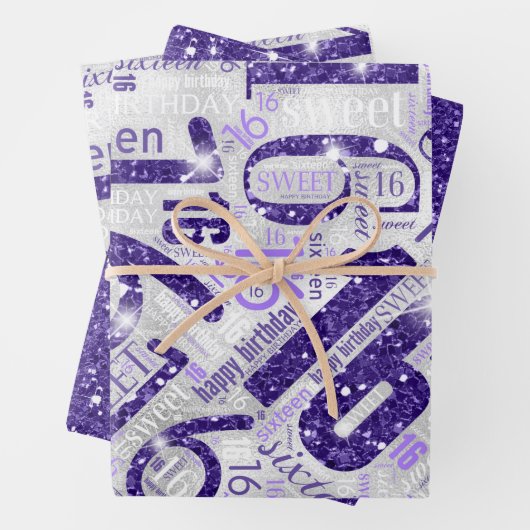 Sweet Sixteen Sparkle Word Cloud Paars ID265 Inpakpapier Vel (In situ)