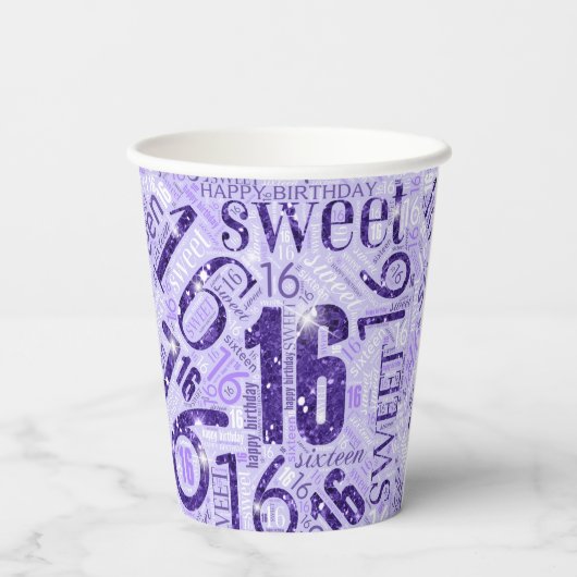 Sweet Sixteen Sparkle Word Cloud Paars ID265 Papieren Bekers (Achterkant)