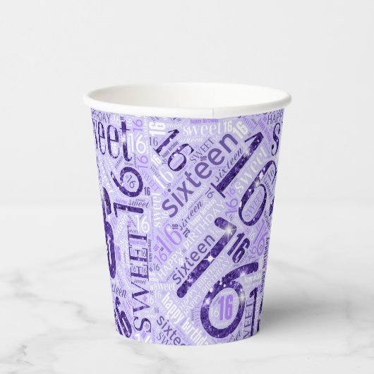 Sweet Sixteen Sparkle Word Cloud Paars ID265 Papieren Bekers (Rechts)