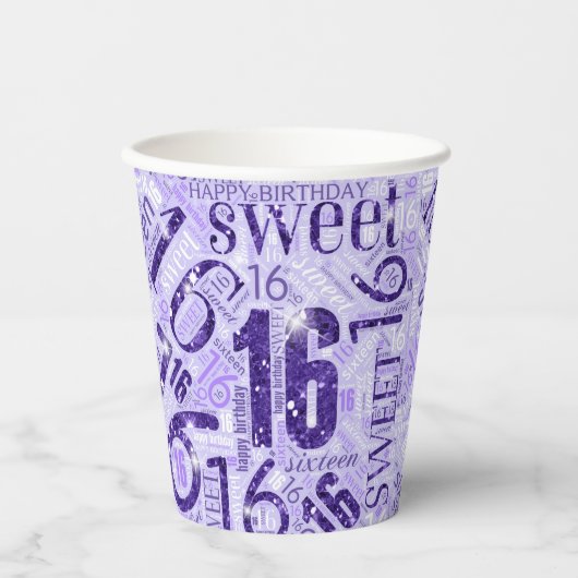 Sweet Sixteen Sparkle Word Cloud Paars ID265 Papieren Bekers (Voorkant)