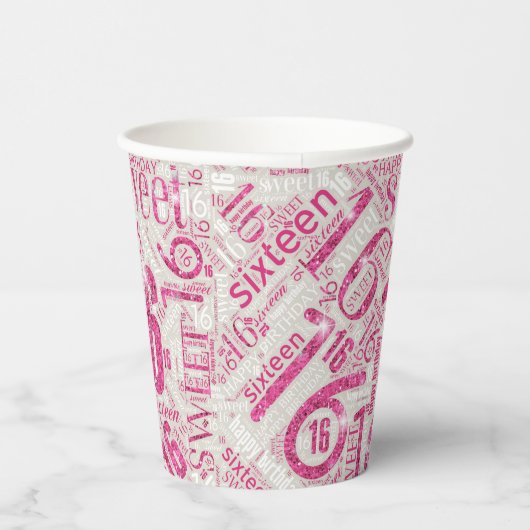 Sweet Sixteen Sparkle Word Cloud Pink ID265 Papieren Bekers (Rechts)