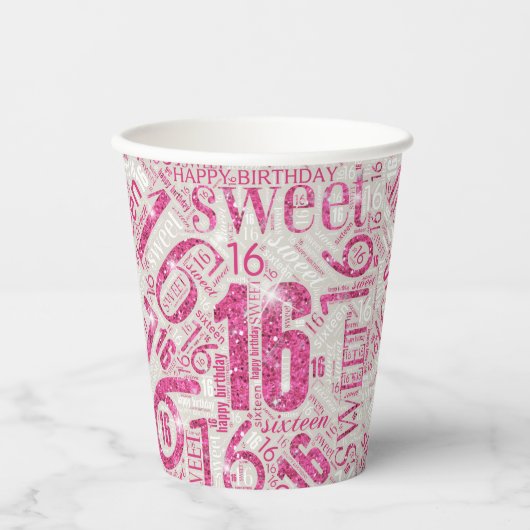 Sweet Sixteen Sparkle Word Cloud Pink ID265 Papieren Bekers (Voorkant)