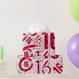 Sweet Sixteen Sparkle Word Cloud Red White ID265 Cadeaupapier