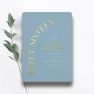 Sweet Sixteen Stofblauw en goud 16e verjaardag Folie Uitnodiging