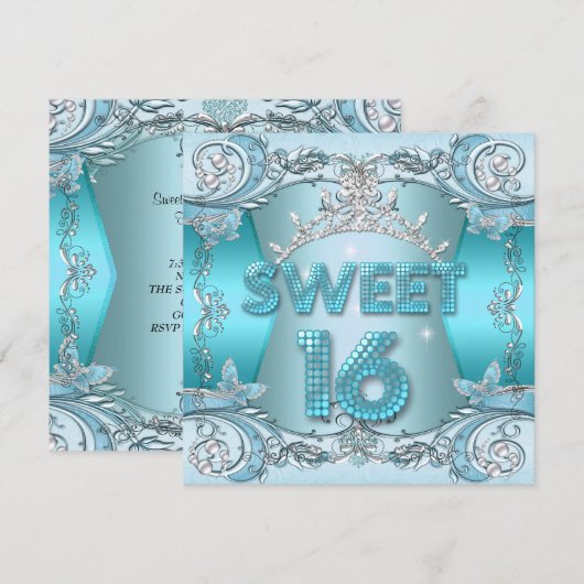 Sweet Sixteen Sweet 16 Blauwgroen Blue Silver Tiar Kaart (Voorkant / Achterkant)