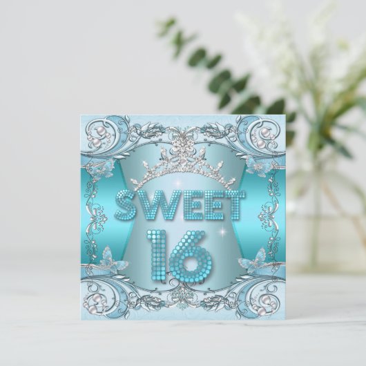 Sweet Sixteen Sweet 16 Blauwgroen Blue Silver Tiar Kaart (Staand voorkant)