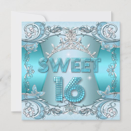 Sweet Sixteen Sweet 16 Blauwgroen Blue Silver Tiar Kaart (Voorkant)