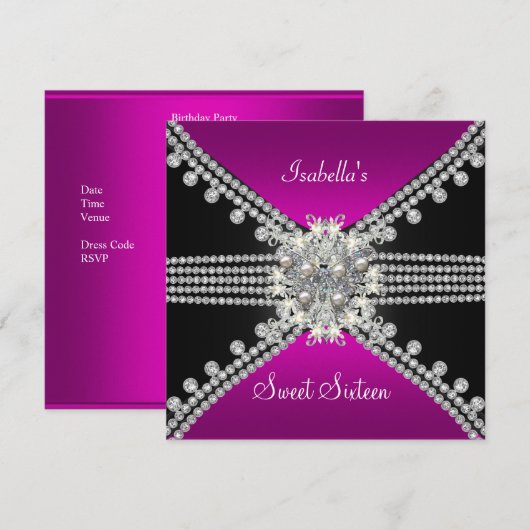 Sweet Sixteen Sweet 16 Butterfly Hot Pink Black Kaart (Voorkant / Achterkant)