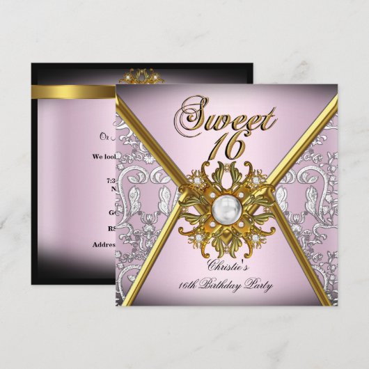 Sweet Sixteen Sweet 16 Damask Pink Gold White Kaart (Voorkant / Achterkant)