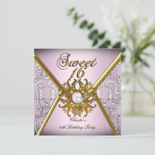 Sweet Sixteen Sweet 16 Damask Pink Gold White Kaart (Staand voorkant)