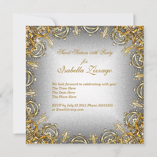 Sweet Sixteen Sweet 16 Gold Grey Silver Kaart (Achterkant)